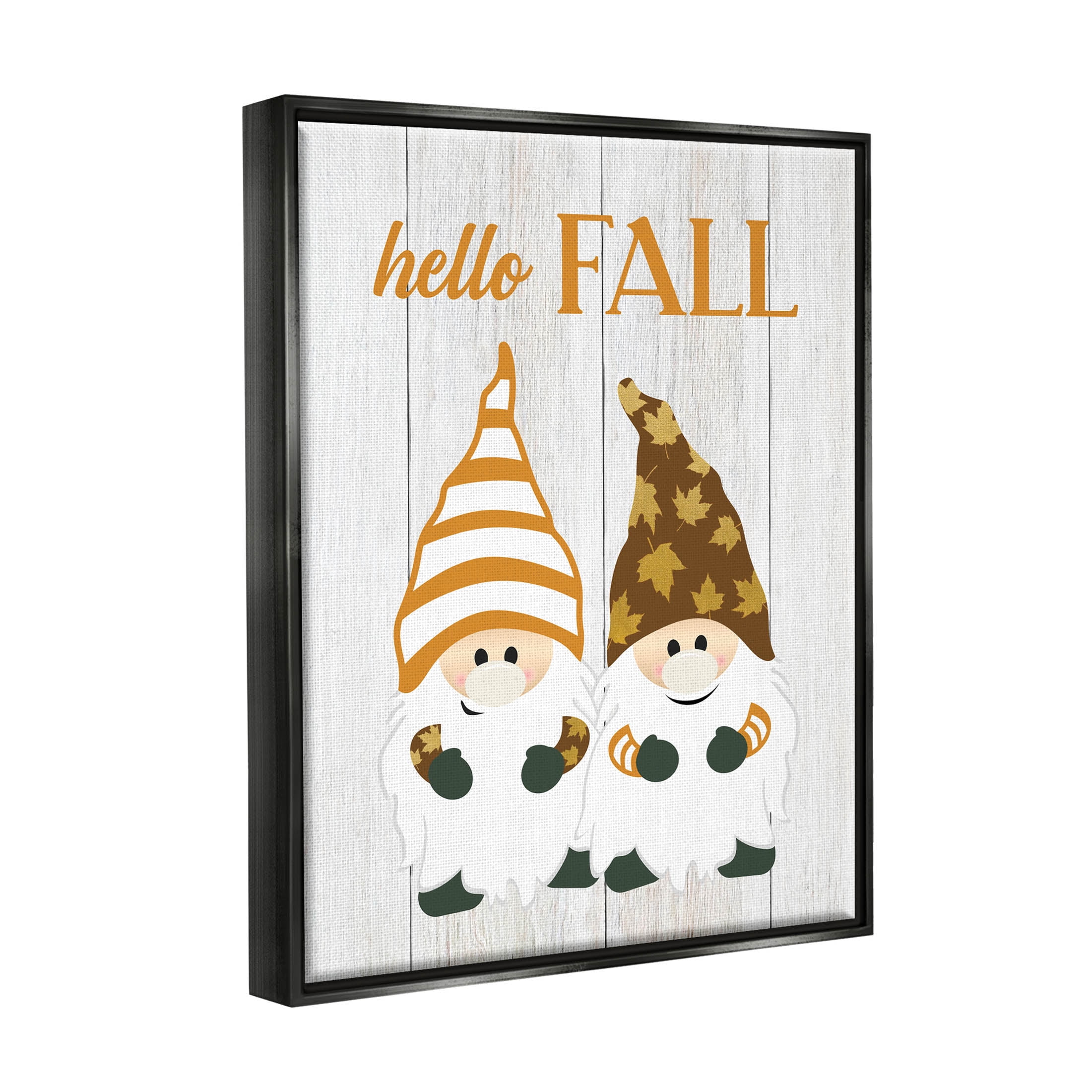 Stupell Industries Hello Fall Whimsical Gnomes Graphic Art Jet Black Floating Framed Canvas Print Wall Art, Design by CAD Designs