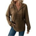 thumbnail image 2 of ClodeEU Womens Knit Hooded Sweaters, V Neck Button Down Shirt With Drawstring ,Henley Pullover Tops Brown,Womens Plus XL, 2 of 6