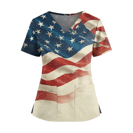250th Anniversary USA Scrub Tops for Women 4th of July Patriotic Soft Stretch V-Neck Medical Scrub Tops with Pockets 01-Light Blue 4XL