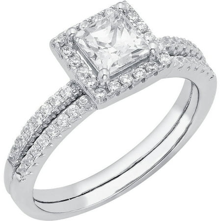 3/8 Carat T.G.W. Australian Crystal and CZ Sterling Silver Halo Bridal Set