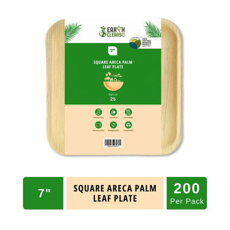 Earth Cleanse 7" Square Areca Palm Leaf Plate ,200 Pack
