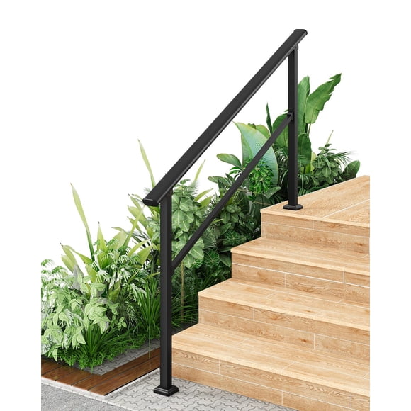 1Pack Metal Handrails for 5 Step Indoor & Outdoor Stairs - Adjustable Height Staircase Railing Kit for Porch, Deck or Concrete Steps Glossy Black