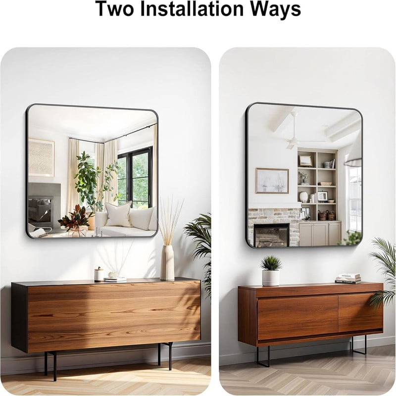 Clarvion 40"x32" Rounded Edge Rectangle Bathroom Mirror Wall Mounted Vanity Mirror,Black