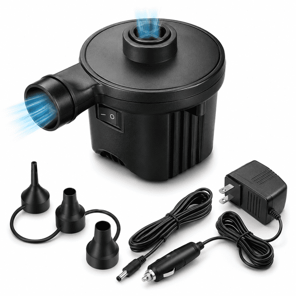 Electric Air Pump Portable Quick-Fill Pump 110V AC / 12V with 3 Nozzles Perfect Inflator/Deflator Pumps for Outdoor Camping,Inflatable Cushions,Air Mattress Beds,Boats,Swimming Ring,Black