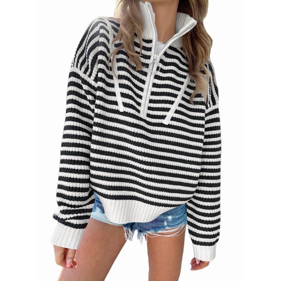 Women Striped Half Zip Long Sleeve Ribbed Knit Pullover Comfy Casual Light-Weight Tops Fall Fashion Black M