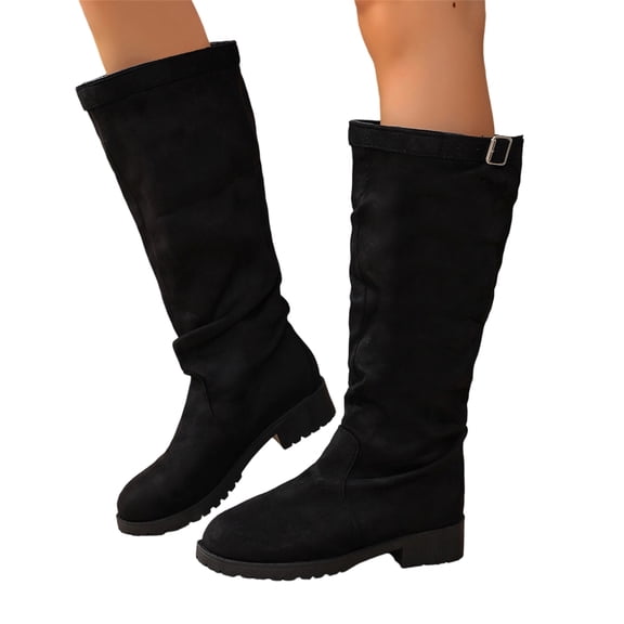 Willtoo Knee High Boots for Women Slouchy Round Toe Faux Suede Thick-Soled Boots Comfortable Pull-On Fall Winter Wide Calf Walking Tall Boots