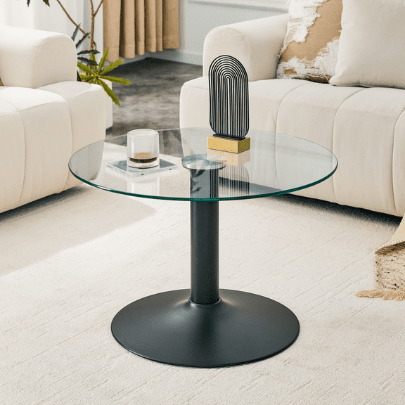 27.5-inchRound Glass Coffee Table 27.5 Inch, Tempered Glass Top Coffee Table with Black Metal Base, Modern Light Luxury Side Accent Table for Living Room, Balcony, Small Apartment