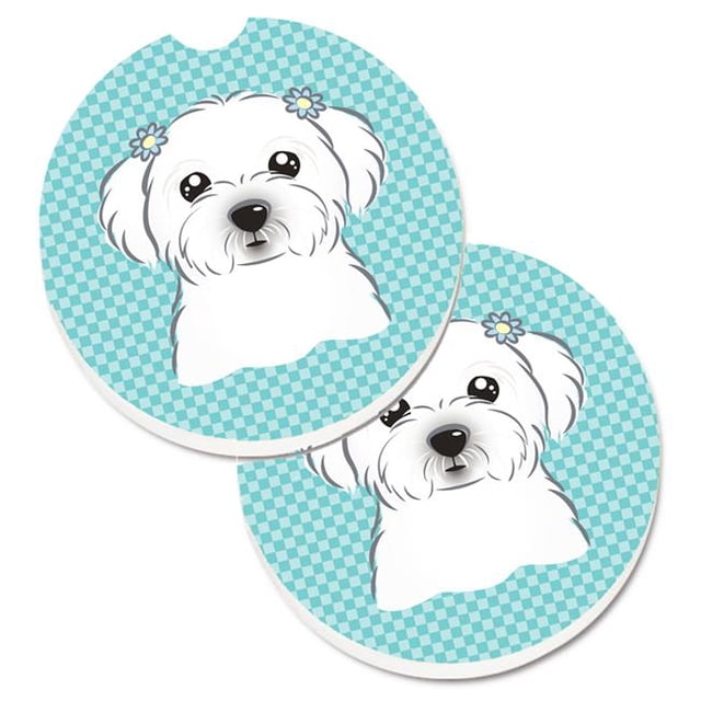 Checkerboard Blue Maltese Set of 2 Cup Holder Car Coaster