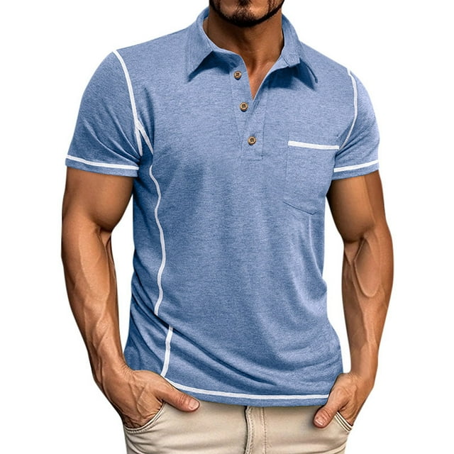 T-Shirts Male Spring Short Sleeve Solid Color Letter Stripe Stitching Pocket Top Summer Shirts Men Blue M
