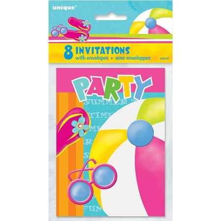 Pool Party  8 Invitations with Envelopes Beach  Ball Splash 