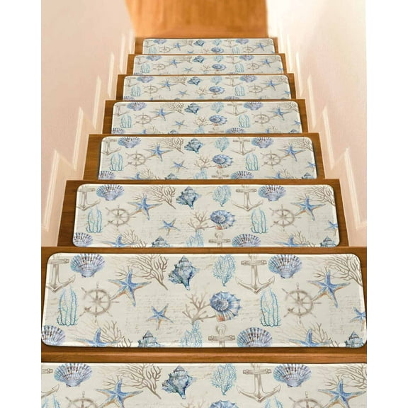 Nautical Coastal Stair Treads for Wooden Steps Indoor Runner Rug Carpet, Vintage Beach Coral Starfish Shell 7 Pieces Peel and Stick Staircase Step Treads Covers Washable Throw Door Mats, 30"x8"