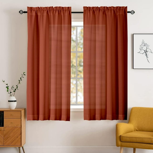 Terracotta Curtains 63 Inch Length,Burnt Orange Window Curtain for Living Room 2 Panels,Semi Sheer Privacy Rod Pocket Curtains Rustic Drapes