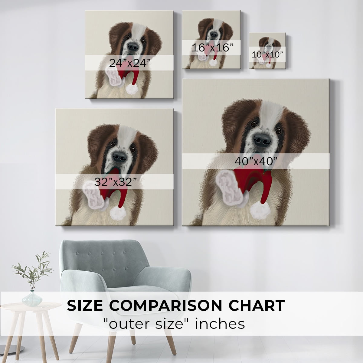 St Bernard and Christmas Hat- Gallery Wrapped Canvas