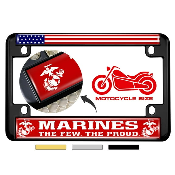 [Officially Licensed US Marine Corps Product] - Motorcycle Domed Custom-Made Personalized Metal License Plate Frame Frame - Marines. The Few. The Proud. with Eagle, Globe, and Anchor (EGA) - Black