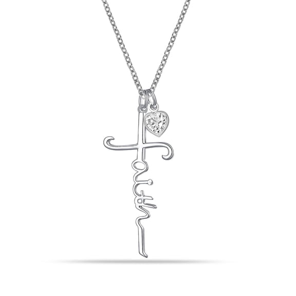 LeCalla 925 Sterling Silver Pendant Necklace Elegant Faith Cross CZ Heart Pendant Necklace for Women and Teen 16 2" Inches