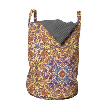 Mandala Laundry Bag, Floral Pattern with Symmetrical Elements Design Eastern, Hamper Basket with Handles Drawstring Closure for Laundromats, 13" x 19", Multicolor, by Ambesonne