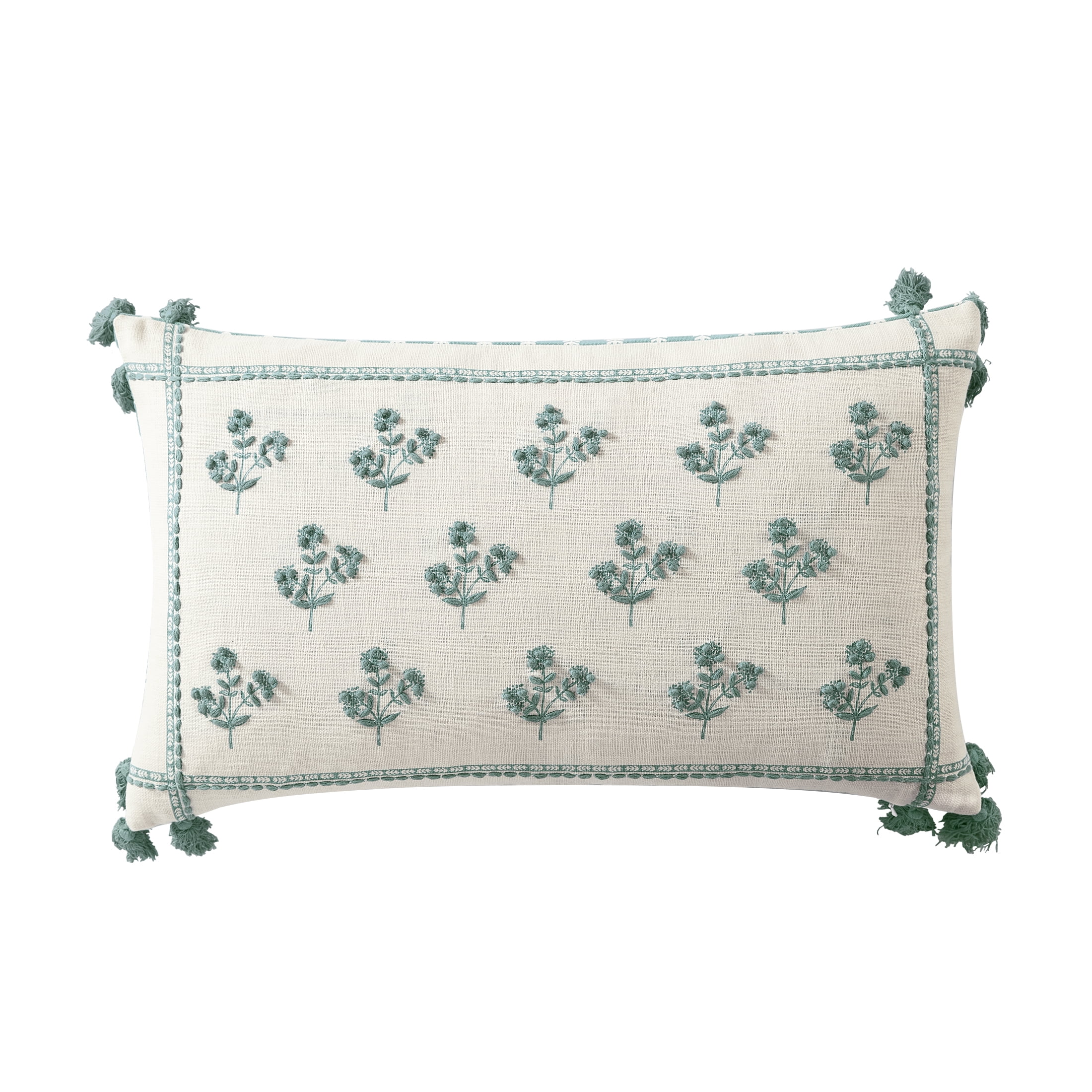Better Homes & Gardens, Green Block Print Floral Decorative Pillow, Oblong, 14' x 24', Green, 1 Piece