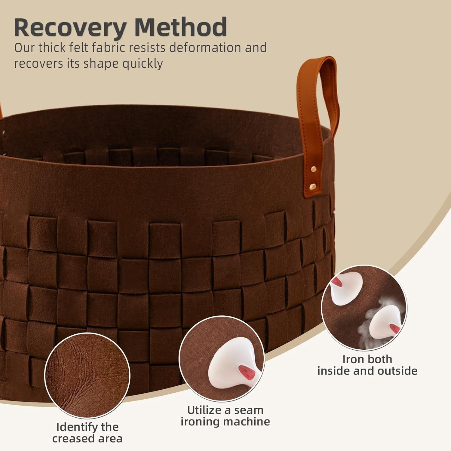 Laundry Basket 20" x20 " x11.8 ", Large Felt Fabric Blanket Basket with Leather Handle, Dirt Clothes Laundry Hamper Round for Babies, Dogs and Living Room-Brown