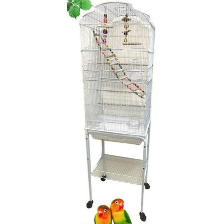 White Large Open/Close Top Parakeet Lovebirds Flight Cage House With 10-Step Walk Ladder and Two Play Toys with Detachable Rolling Stand for Finches Canaries Budgie Parrotlet Conures Pet Birdcage