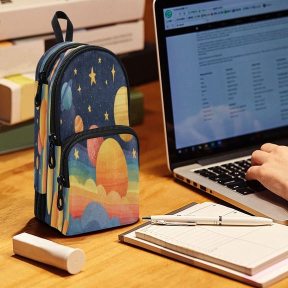 Backpack Pencil Case, 3 Compartment Large Capacity Oxford Fabric Pencil Pouch / Whimsical Space Cute Art