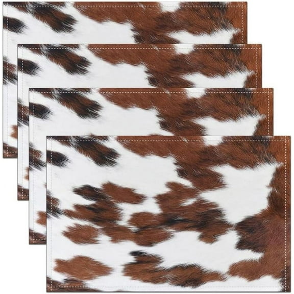 Cowhide Placemats Set of 4,Cow Fur Table Place Mats,Farmhouse Western Farm Animal Skin Brown White Beige Black Placemat for Kitchen Dining Table Decoration Indoor Outdoor 18"x12"