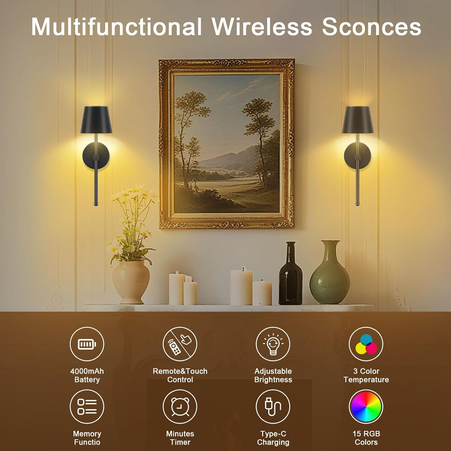 XMZHOU 2Pcs 3 Color Temperatures & 15 RGB Color Remote Control Rechargeable Wall Lamp Lighting Mural Living Room Bedroom Hallway Wireless Night Light Indoor Wall Sconces, Black