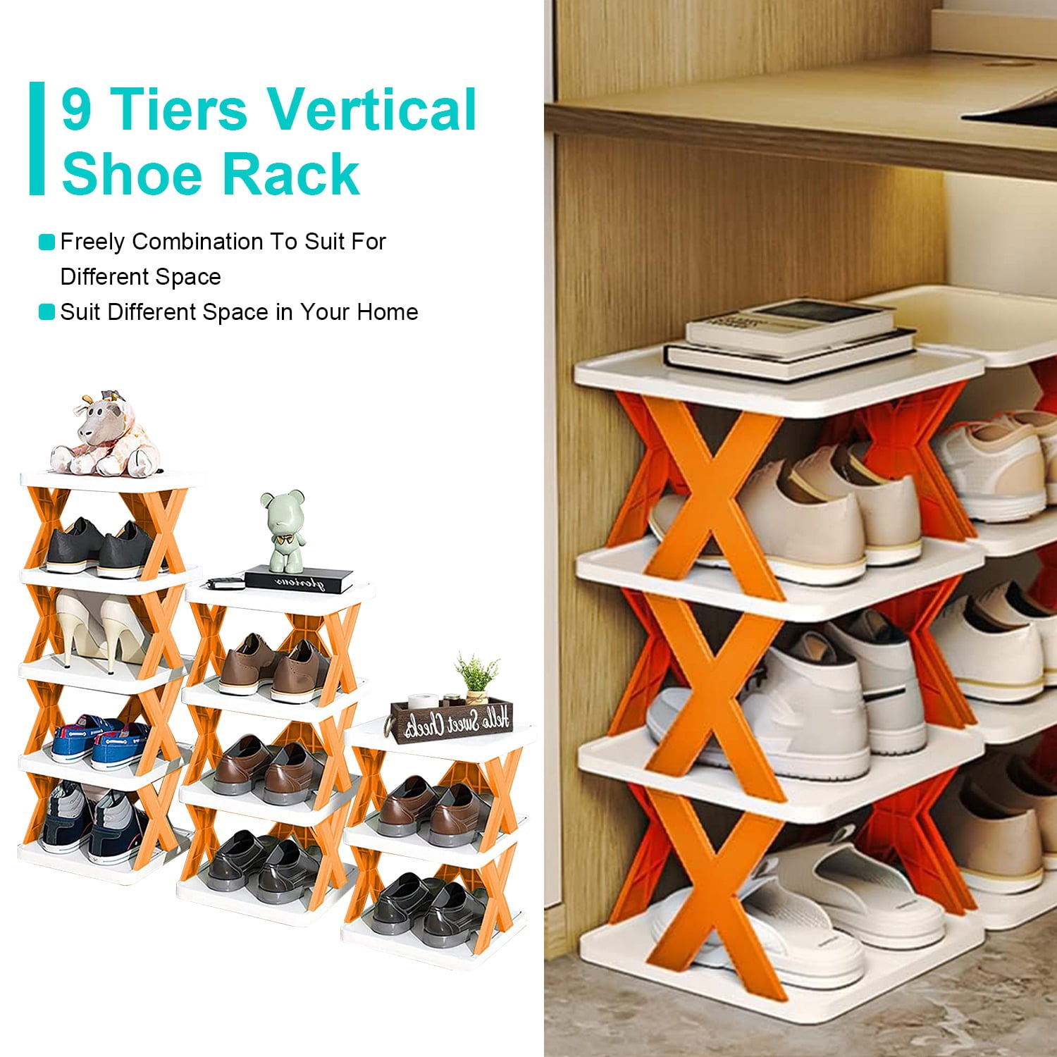 9-Tier Stackable Vertical Shoe Rack TeqHome DIY Narrow Free Standing Shoe Organizer Space Saving for Entryway and Bedroom Orange