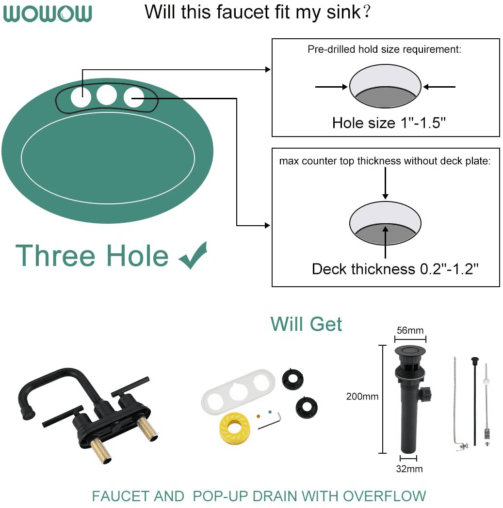 Wowow Centerset 4 in. 2-Handle High-Arc Bathroom Faucet with Drain and Supply line, Matte Black