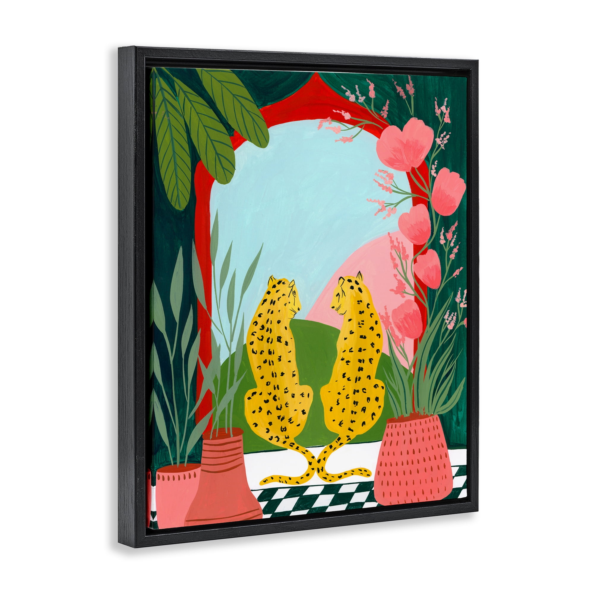 Twin Leopard & Plants Black Framed Floater Canvas Wall Art, design by Nabeela Rumi