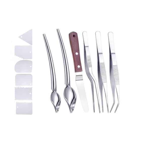 Stainless Steel Culinary Plating Tools Set with Drawing Spoons Offset Spatula Tweezers and Scrapers for Food Decoration and Garnishing