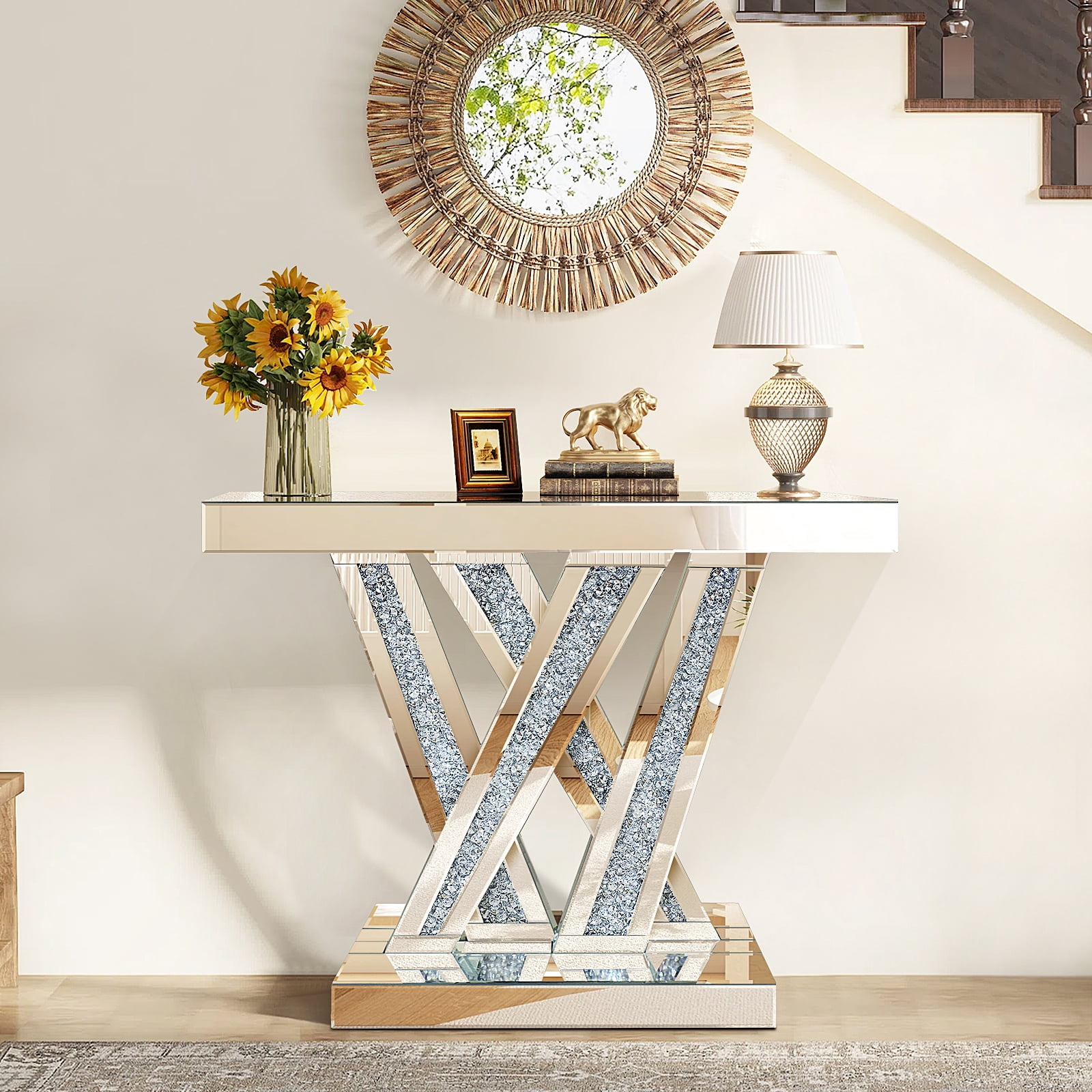 Modern Entryway Console Table with Crushed Diamond Inlay, 35" Silver Mirrored Glass Hallway Table for Entryway, Glam Decorative Sofa Tables for Living Room