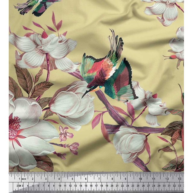 Soimoi Beige polyester Crepe Fabric Floral & Bird Fabric Prints By Yard 42 Inch Wide