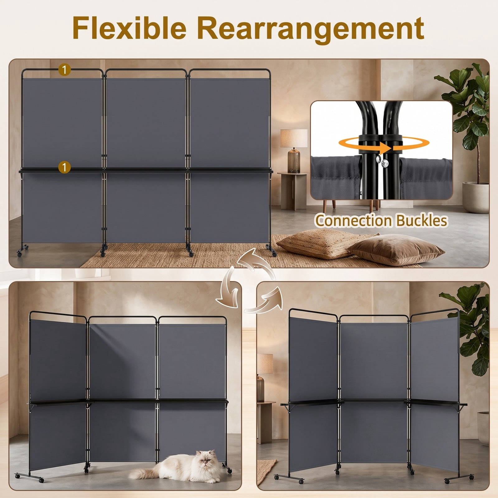 ALPULON 3-Panel Room Divider with 3 Shelves, 6 FT Tall Folding Privacy Screen Freestanding Partition with Lockable Wheels for Living Room Bedroom Office, Gray