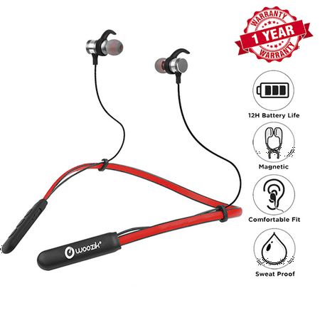 Head Neckband - Woozik Flex Wireless Neckband Headphones, Bluetooth Earbuds, In-Ear Headset, Sport Fit with 12 Hour Battery Life, Built-in Mic and Magnetic Connection (F09)-Red
