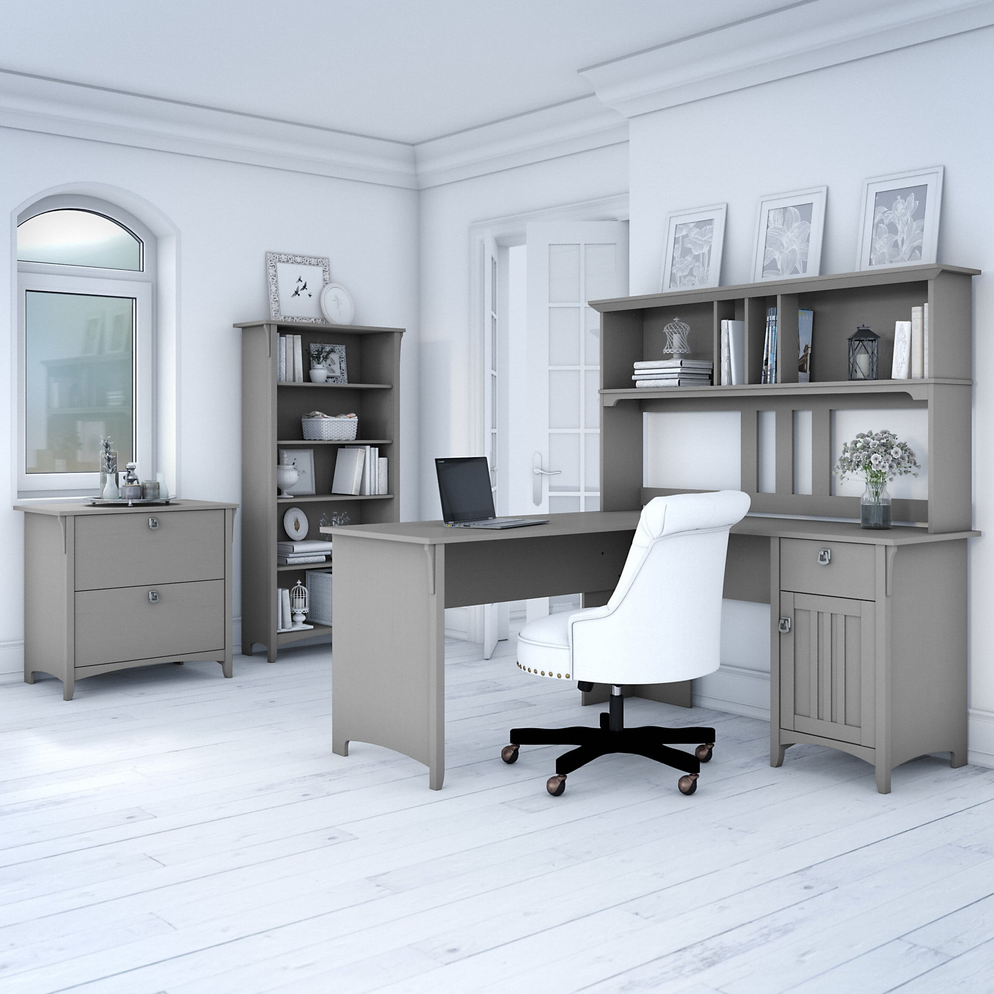 Bush Furniture Salinas 60" L Shaped Desk with Storage, Cape Cod Gray