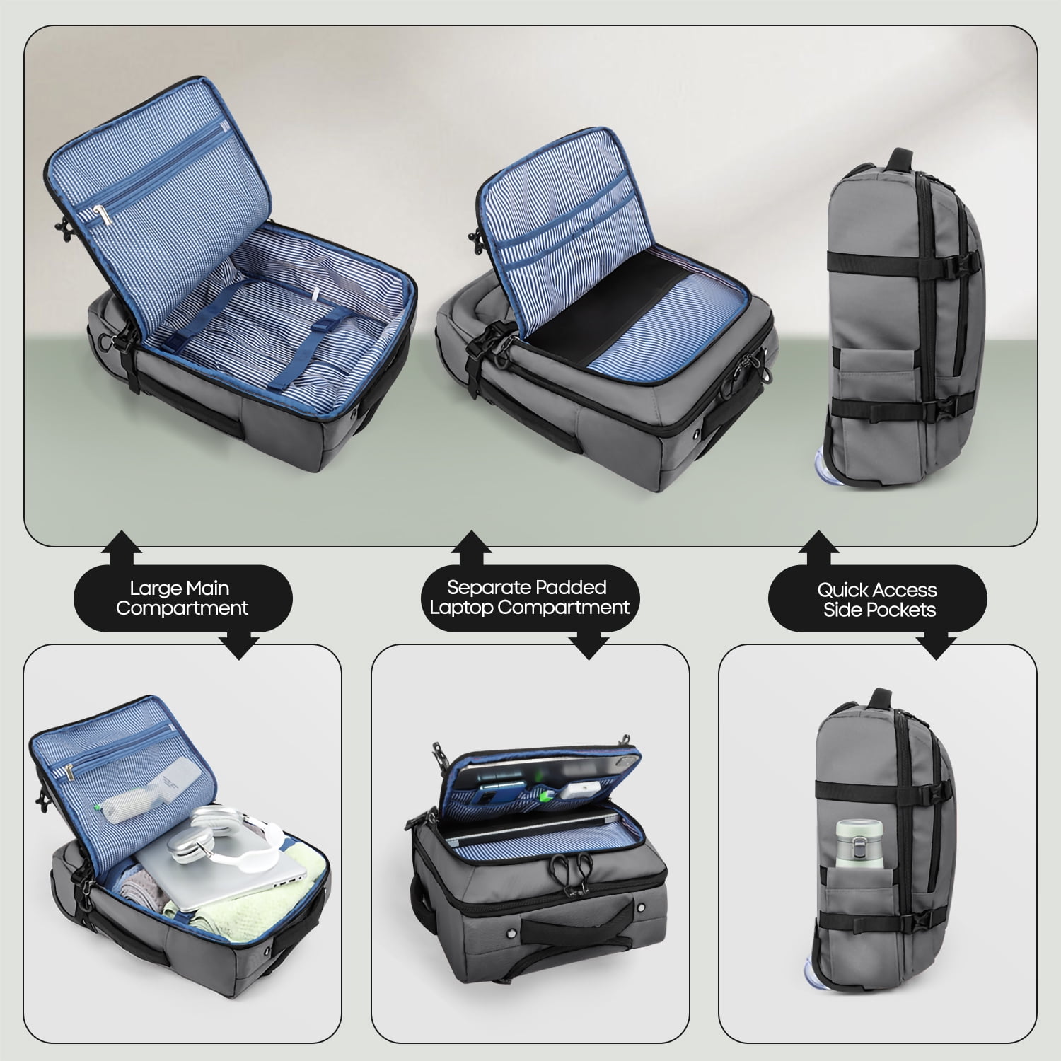 17" Underseat Carry On Luggage Airplane Approved,Water Resistant Softside Rolling Suitcase Lightweight Personal Item Travel Bag,Gray - TA069