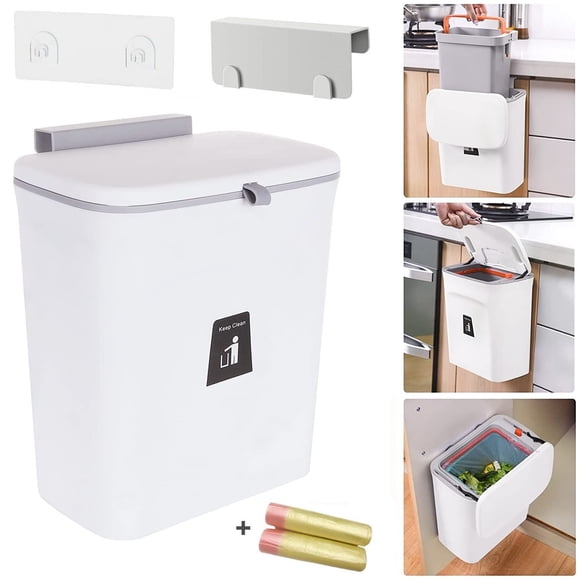 Hanging Trash Can with Lid for Under Sink or Cabinet Door, 2.4 Gallon Kitchen Compost Bin with Inner Bucket, Garbage Can for Cupboard/Bathroom/Bedroo