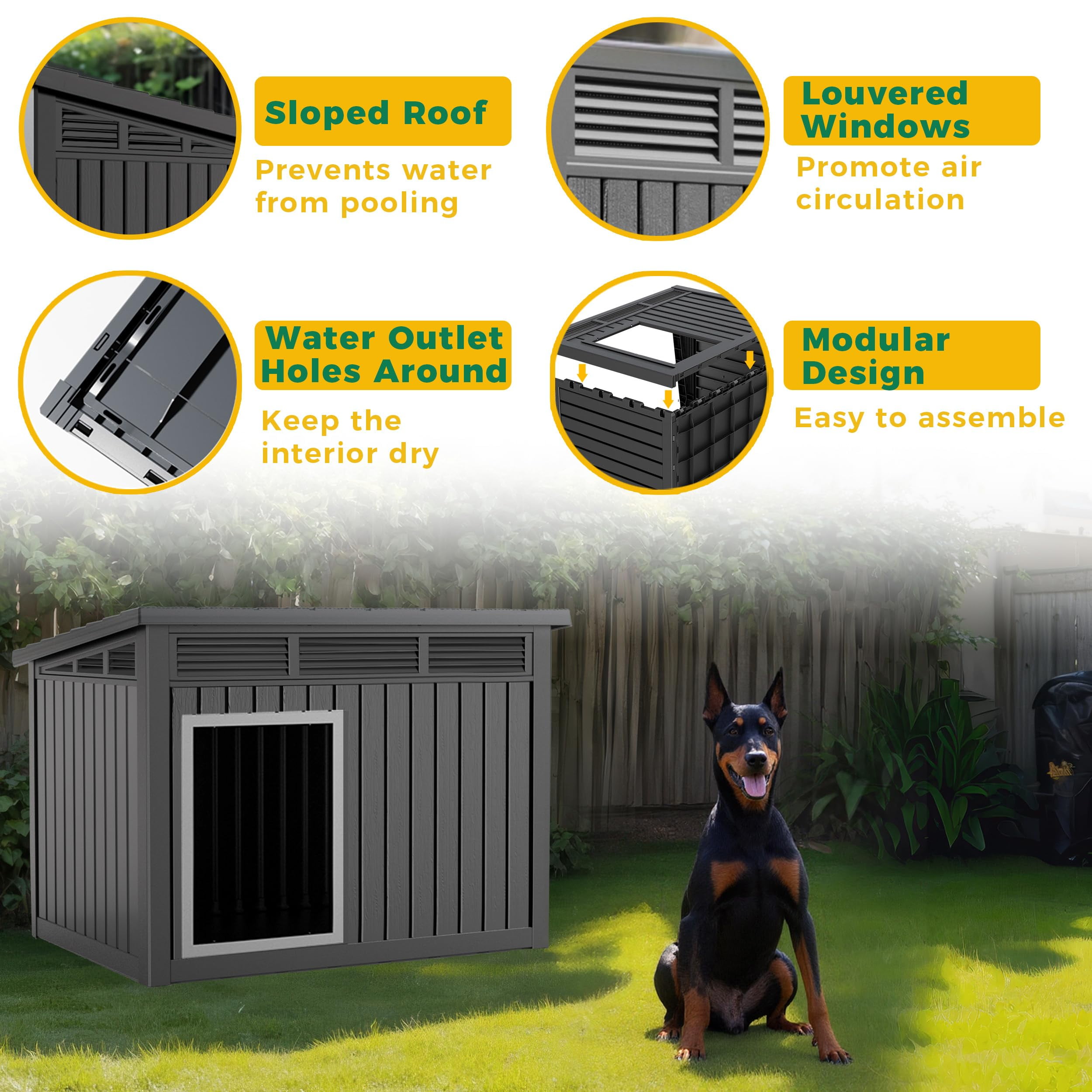 EasyUp Dog House for Both Indoor and Outdoor with Weatherproof Roof Removable Floors for Medium to Large Dogs Interior Space (Black, Large (42.87 * 32.95 * 31.61''))