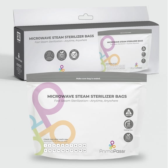 Primo Passi Microwave Steam Sterilizer Bags, BPA-Free Sterilization Bags for Baby Bottle & Pump Part, Reusable Up to 20 Uses Each, 10 Count