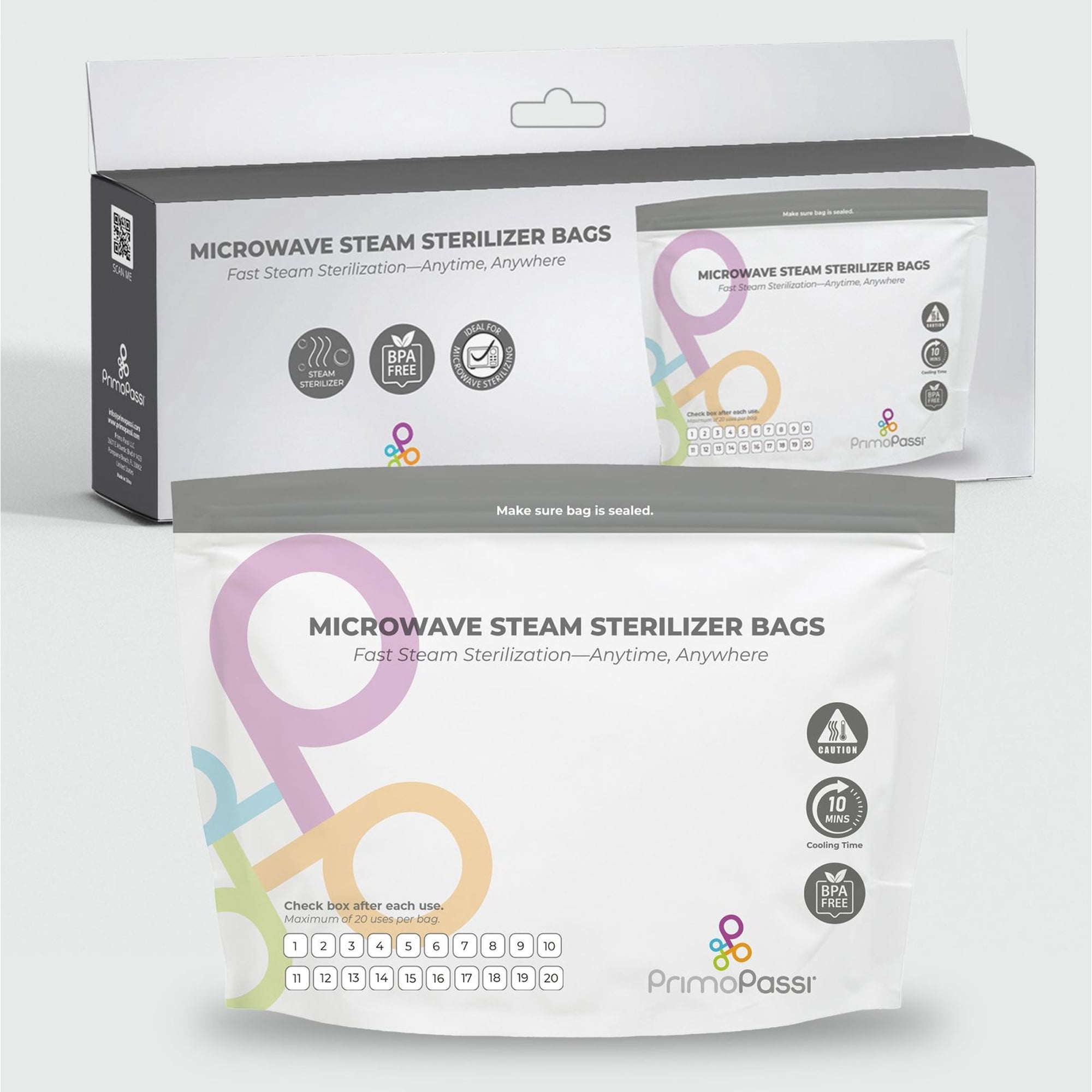 Primo Passi Microwave Steam Sterilizer Bags, BPA-Free Sterilization Bags for Baby Bottle & Pump Part, Reusable Up to 20 Uses Each, 10 Count