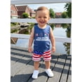 thumbnail image 4 of BemeyourBBs 2Pcs Toddler Baby Boy 4th of July Outfit Patriot 250th USA Anniversary Independence Day Summer Clothes Sleeveless America Flag Letters Print Tank Tops and Star Striped Pockets Shorts Set, 4 of 9