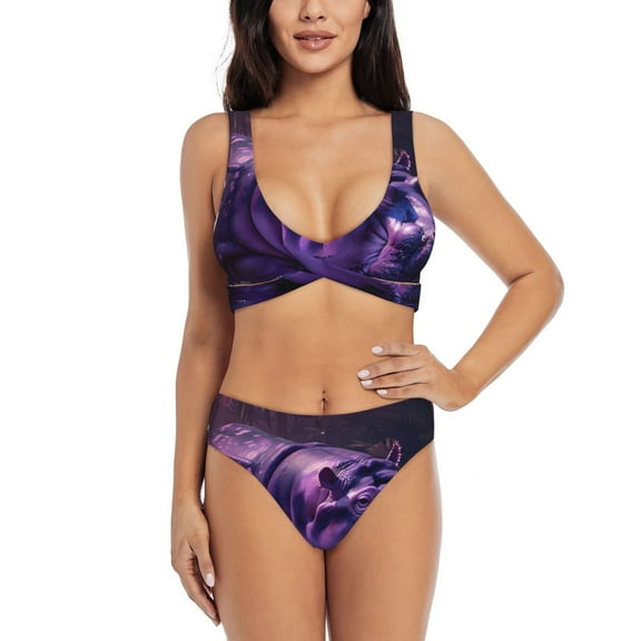 Kdxio Purple Hippo In Water Print Women's 2 Piece High Waisted Wrap Spaghetti Strap Summer Swimsuit Bikini Set-Small