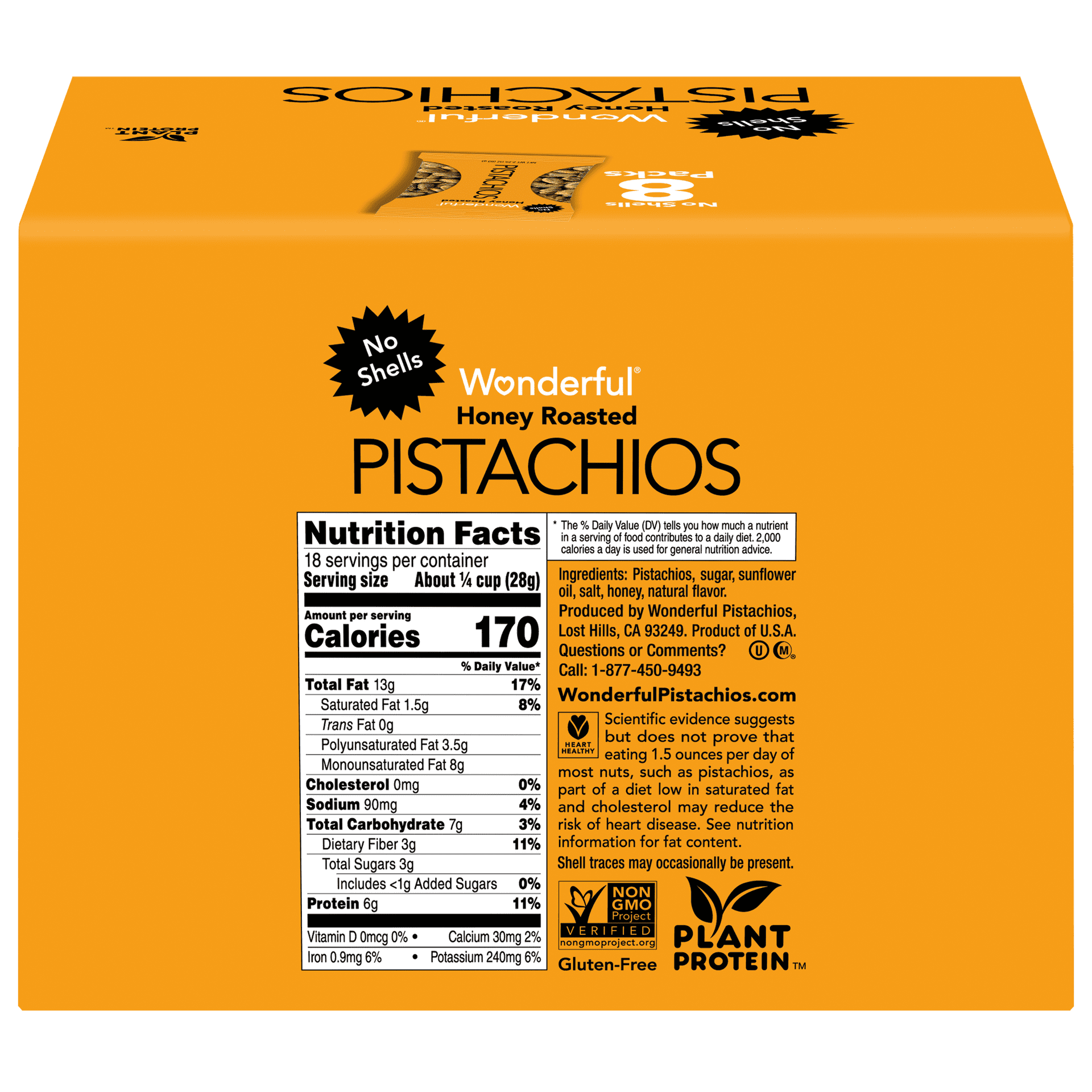 Wonderful Pistachios No Shells Honey Roasted Nuts, 2.25 oz (Pack of 8)