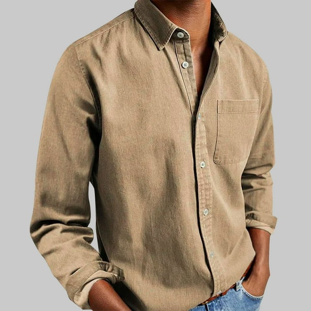 Blusa y camisa de manga larga con cuello vuelto para hombre, informal, lisa, de manga larga, con bolsillos, cuello vuelto y botones, blusa de poliéster para hombre