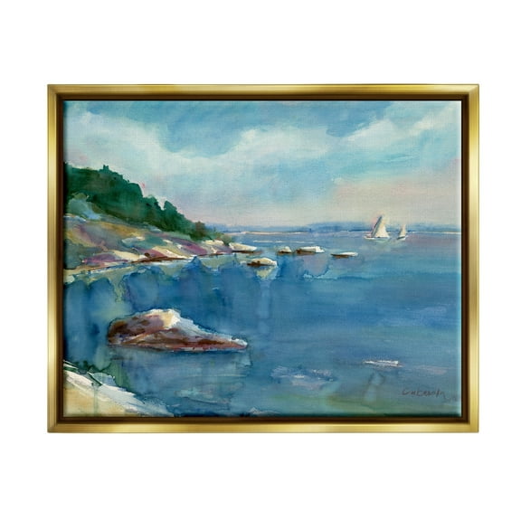 Stupell Industries Boats Floating Rocky Beach Cliffs Watercolor Detail Painting Metallic Gold Floating Framed Canvas Print Wall Art, Design by Stephen Calcasola