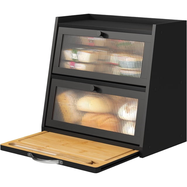 viewcare Bread Box for Kitchen Counter, Black Bread Box With Cutting Board, Bamboo Wood Large Capacity Bread Storage Bin with Acrylic Wavy Door Panel