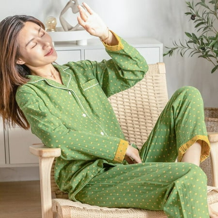 

CoCopeaunt Japanese New Spring And Summer Ladies 100% Cotton Crepe Pajamas 2-piece Long-Sleeved Trousers Lemon Print Loose Homewear Set