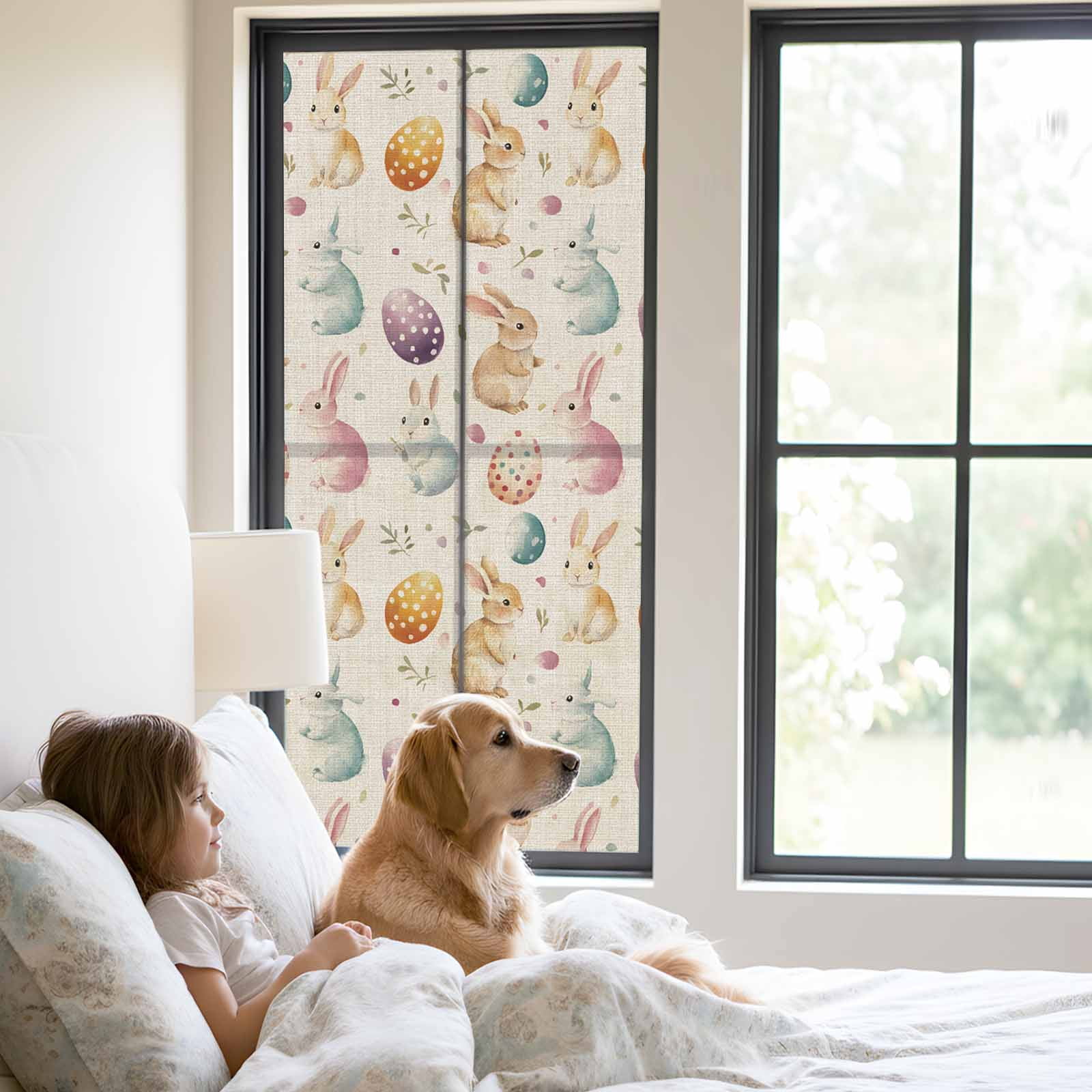 Easter Rabbit Egg Window Privacy Film, Leaf Floral Frosted Glass Window Clings Static Cling UV Heat Blocking Reusable Door Sticker for Bathroom 23.6 x 59 Inch