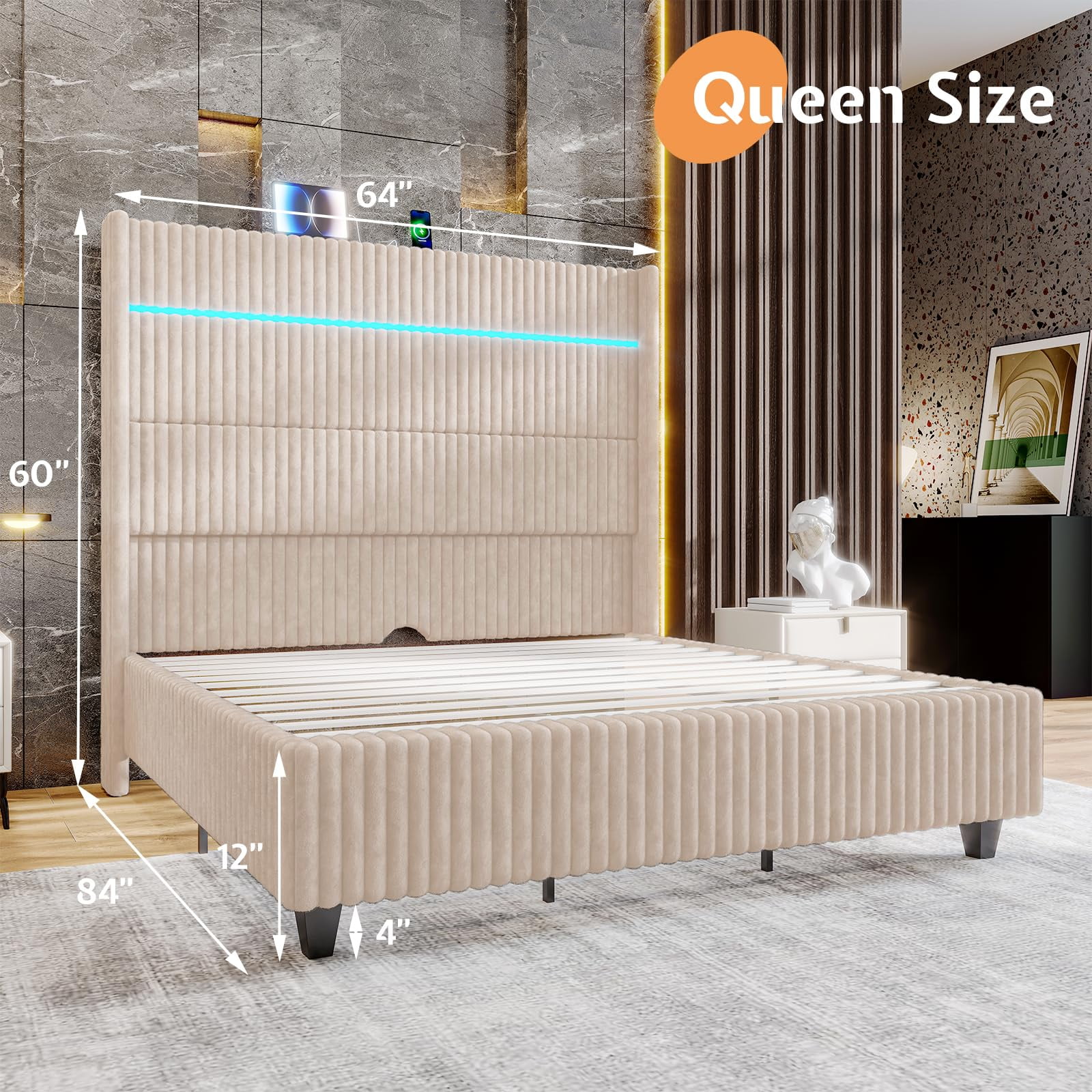 VanAcc Queen Bed Frame with LED Lights Charging Station, Corduroy Upholstered Platform Bed Frame with 60" Tall Wingback Headboard/Beige
