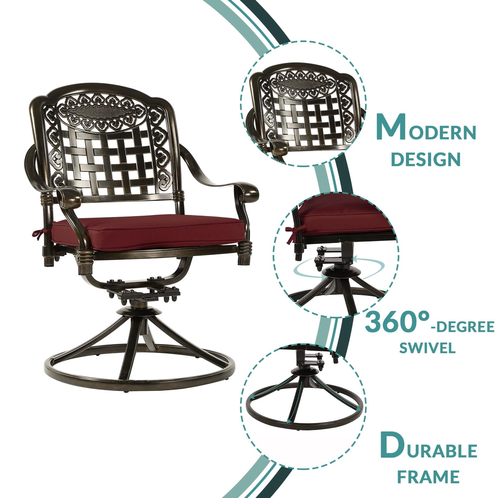MEETWARM 2 Piece Patio Dinning Swivel Chairs Rocker, Outdoor All-Weather Cast Aluminum Chairs with Cushions, Patio Bistro Dining Chair Set for Garden Deck Backyard, Chili Red